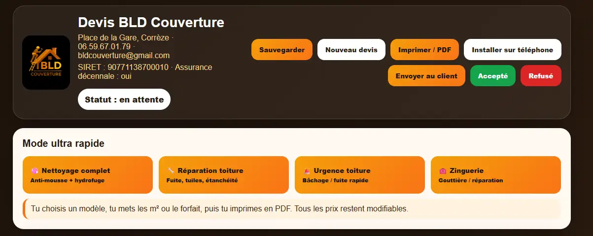 Application devis BLD écran 1