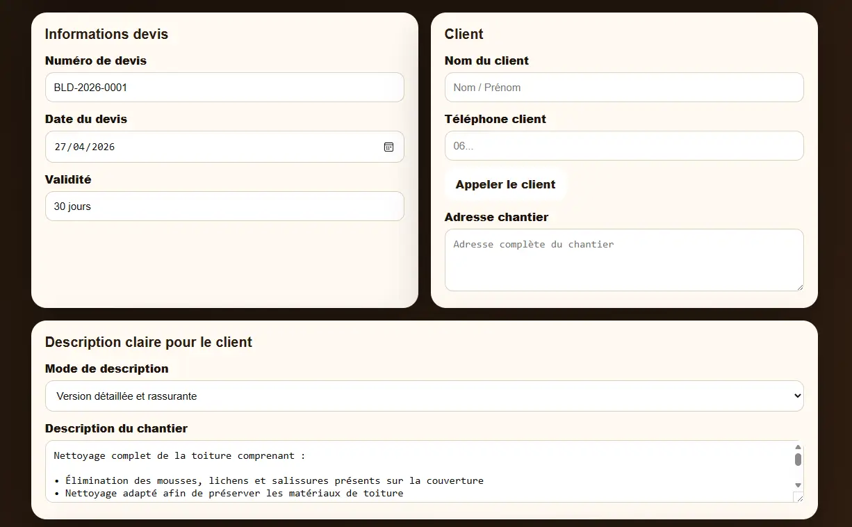 Application devis BLD écran 2